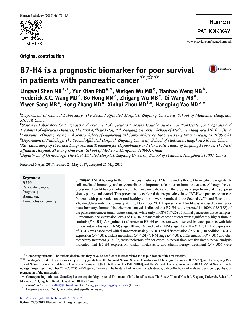 Original contributionB7-H4 is a prognostic biomarker for poor survival in patients with pancreatic cancer