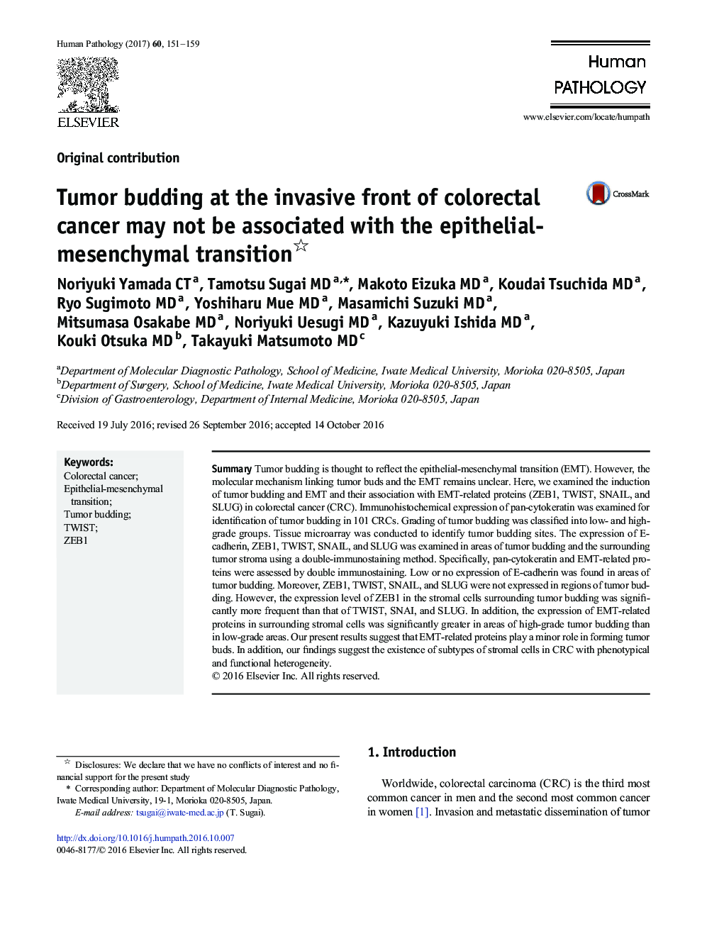 Original contributionTumor budding at the invasive front of colorectal cancer may not be associated with the epithelial-mesenchymal transition