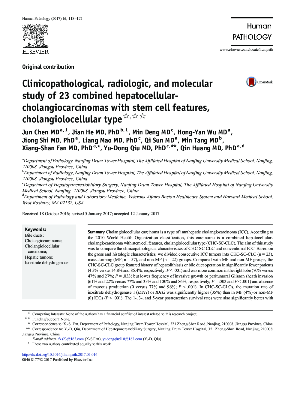 Original contributionClinicopathological, radiologic, and molecular study of 23 combined hepatocellular-cholangiocarcinomas with stem cell features, cholangiolocellular type