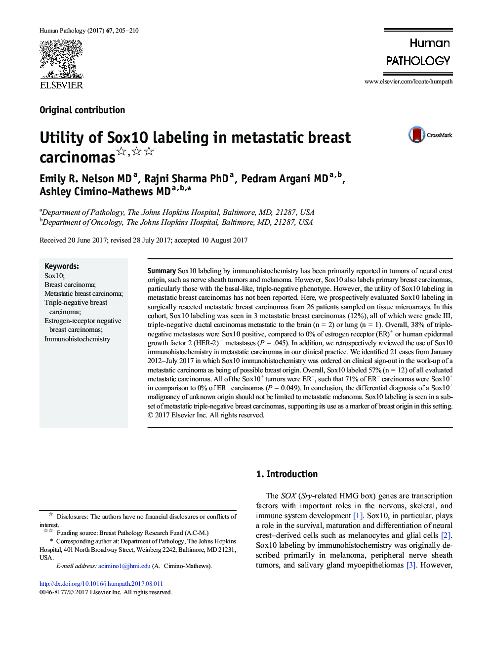 Original contributionUtility of Sox10 labeling in metastatic breast carcinomas