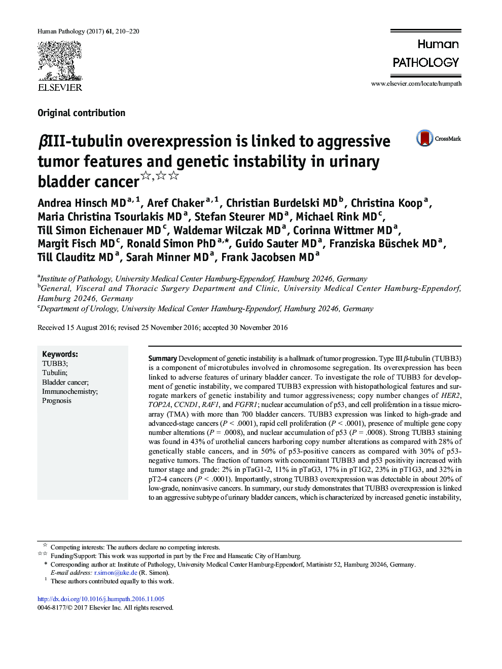 Original contributionÎ²III-tubulin overexpression is linked to aggressive tumor features and genetic instability in urinary bladder cancer