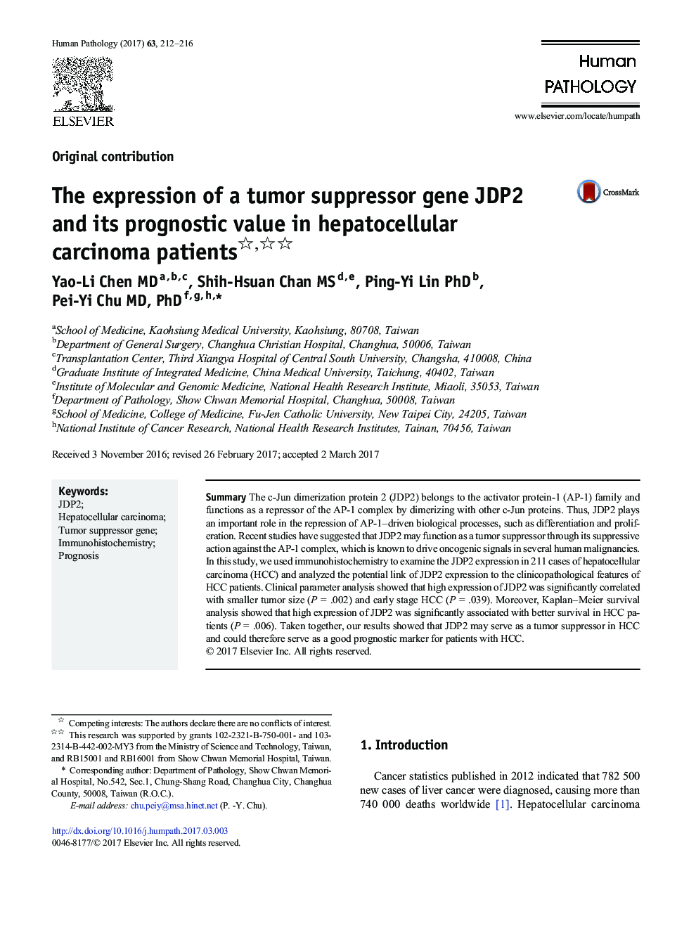 Original contributionThe expression of a tumor suppressor gene JDP2 and its prognostic value in hepatocellular carcinoma patients