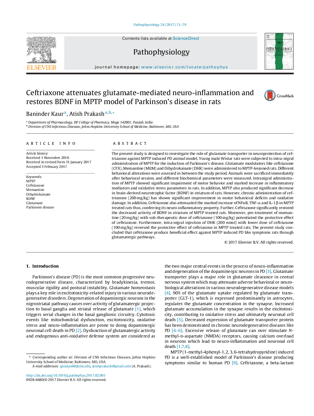 Ceftriaxone attenuates glutamate-mediated neuro-inflammation and restores BDNF in MPTP model of Parkinson's disease in rats