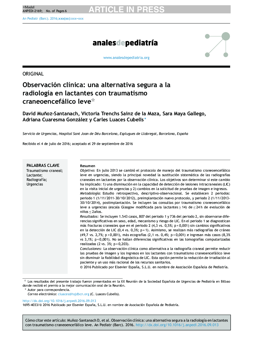 Observación clÃ­nica: una alternativa segura a la radiologÃ­a en lactantes con traumatismo craneoencefálico leve