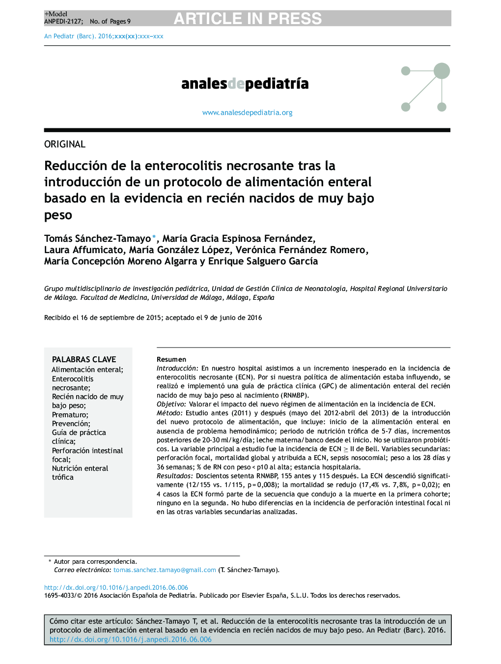 Reducción de la enterocolitis necrosante tras la introducción de un protocolo de alimentación enteral basado en la evidencia en recién nacidos de muy bajo peso