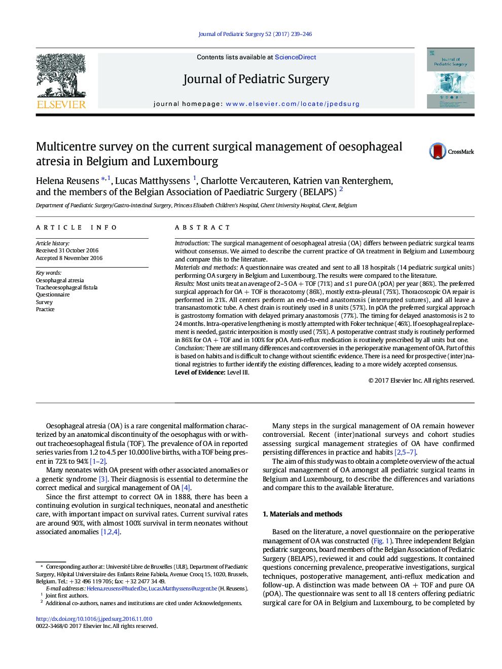 BAPS PapersMulticentre survey on the current surgical management of oesophageal atresia in Belgium and Luxembourg