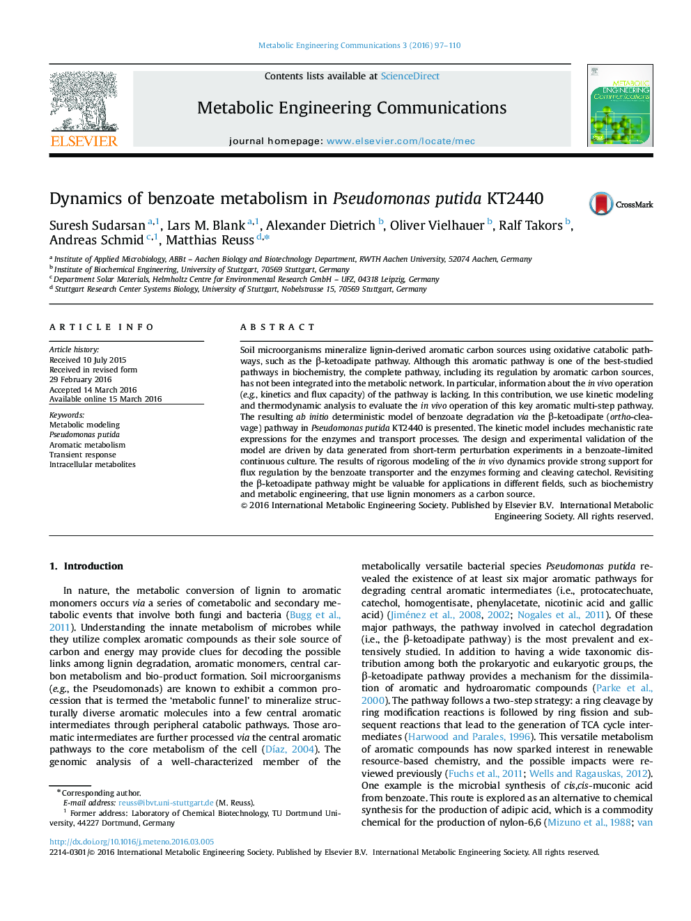 Dynamics of benzoate metabolism in Pseudomonas putida KT2440