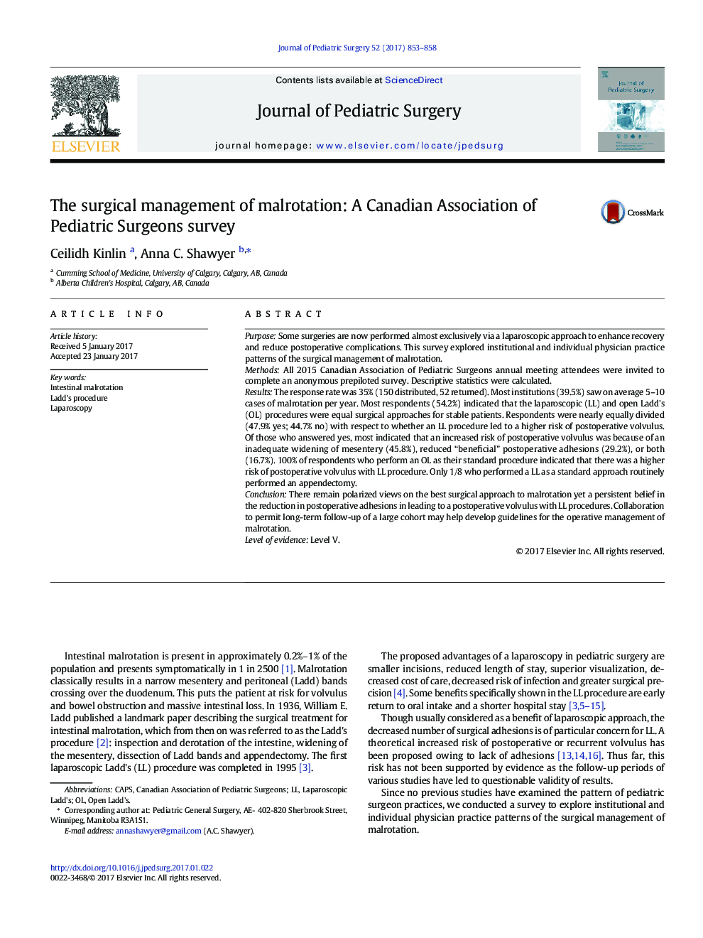 CAPS PaperThe surgical management of malrotation: A Canadian Association of Pediatric Surgeons survey