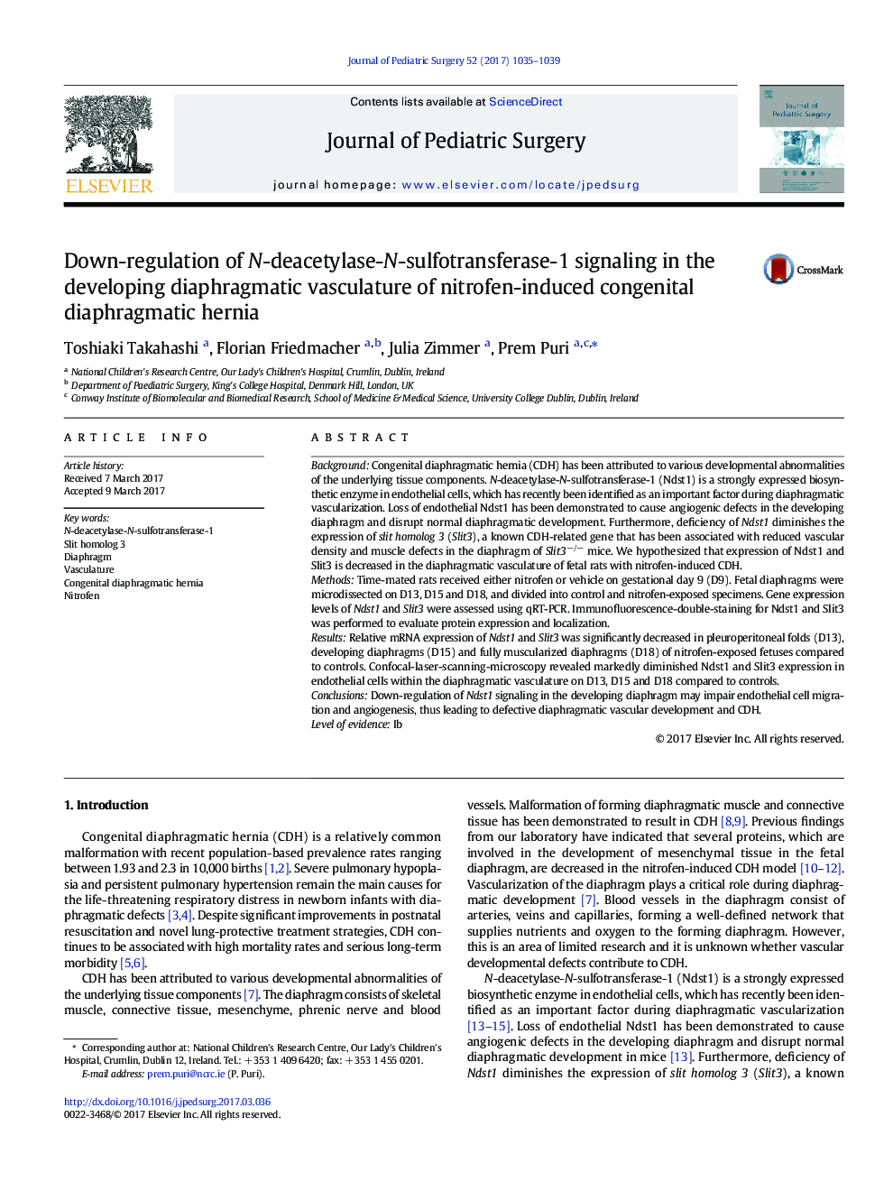 Basic Science PapersDown-regulation of N-deacetylase-N-sulfotransferase-1 signaling in the developing diaphragmatic vasculature of nitrofen-induced congenital diaphragmatic hernia