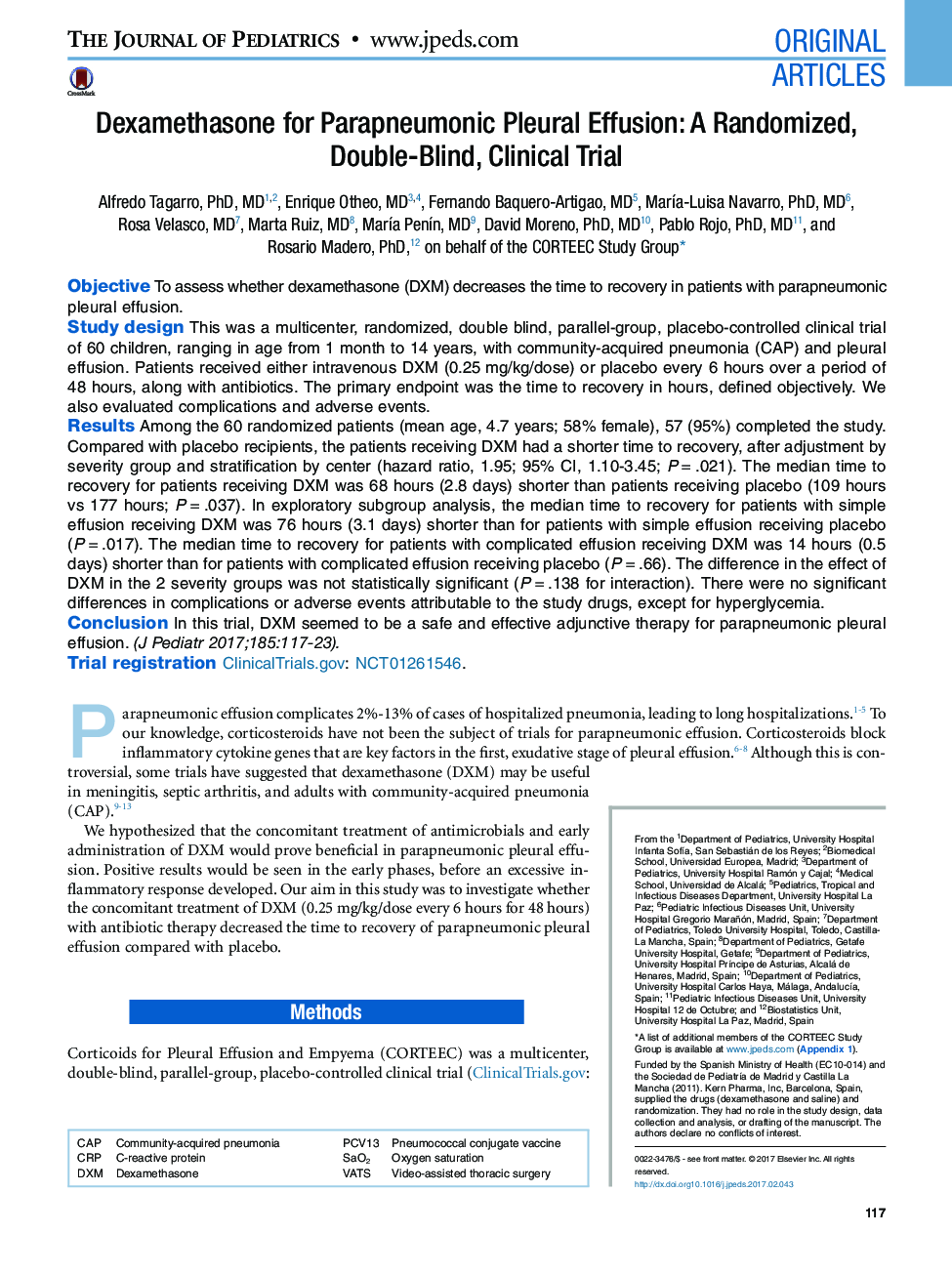 مقالات اصلی دگزامتازون برای عفونت پارالمپومونیک پلورال: یک آزمایش تصادفی، دوبار کلیک، آزمایش بالینی 