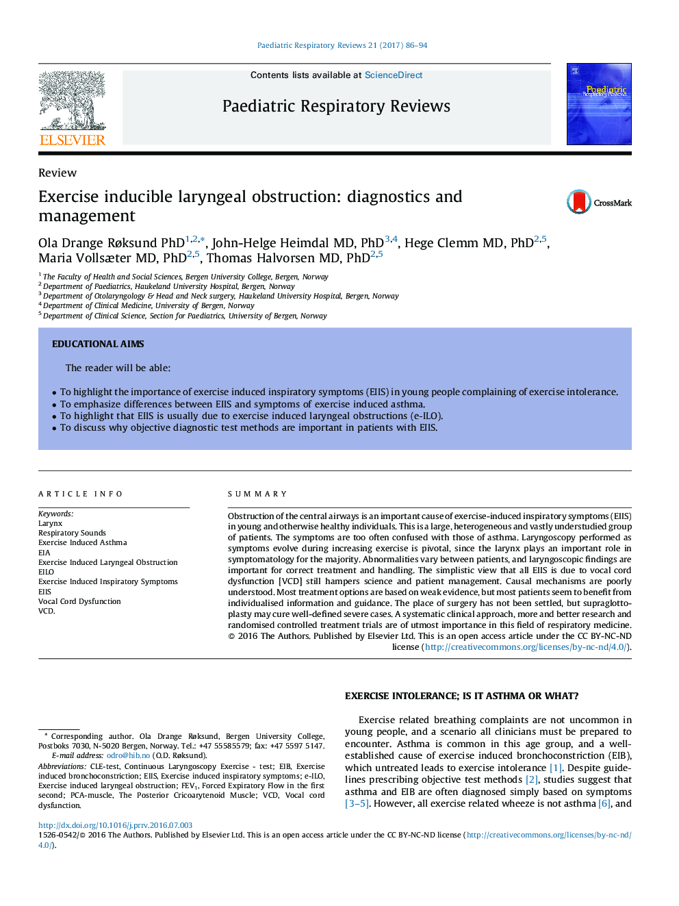 ReviewExercise inducible laryngeal obstruction: diagnostics and management