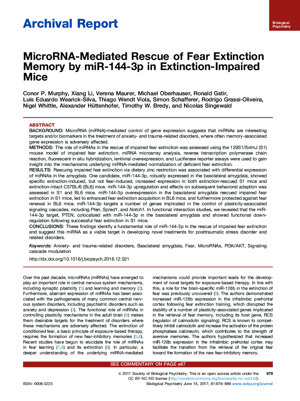 Archival ReportMicroRNA-Mediated Rescue of Fear Extinction Memory by miR-144-3p in Extinction-Impaired Mice