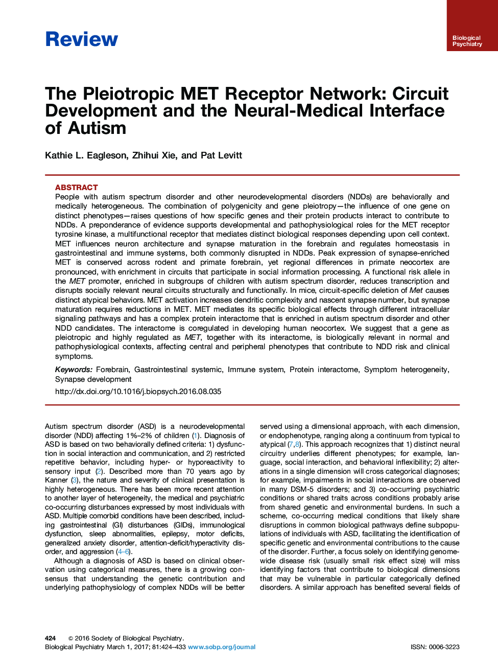 ReviewThe Pleiotropic MET Receptor Network: Circuit Development and the Neural-Medical Interface of Autism