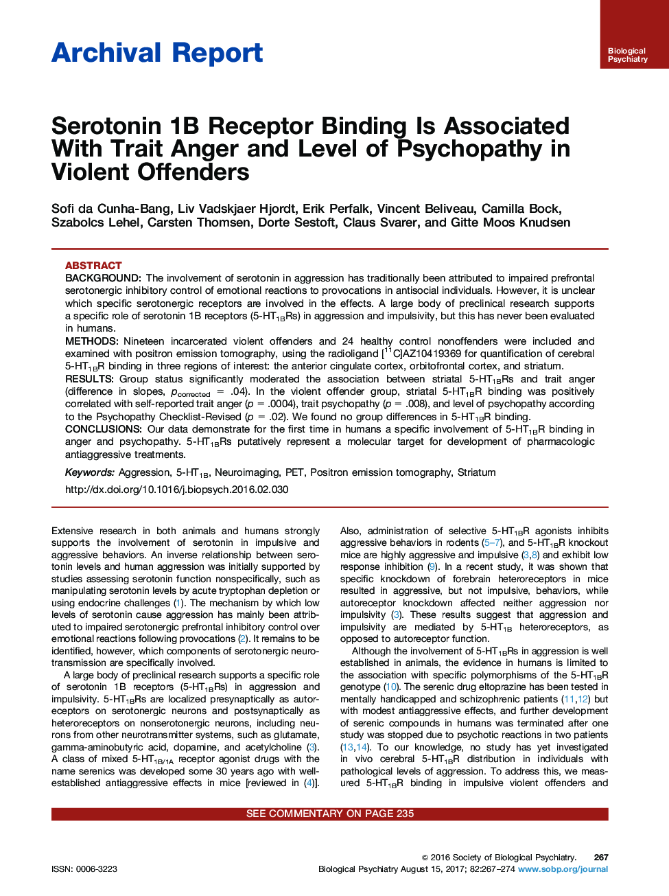 Archival ReportSerotonin 1B Receptor Binding Is Associated With Trait Anger and Level of Psychopathy in Violent Offenders