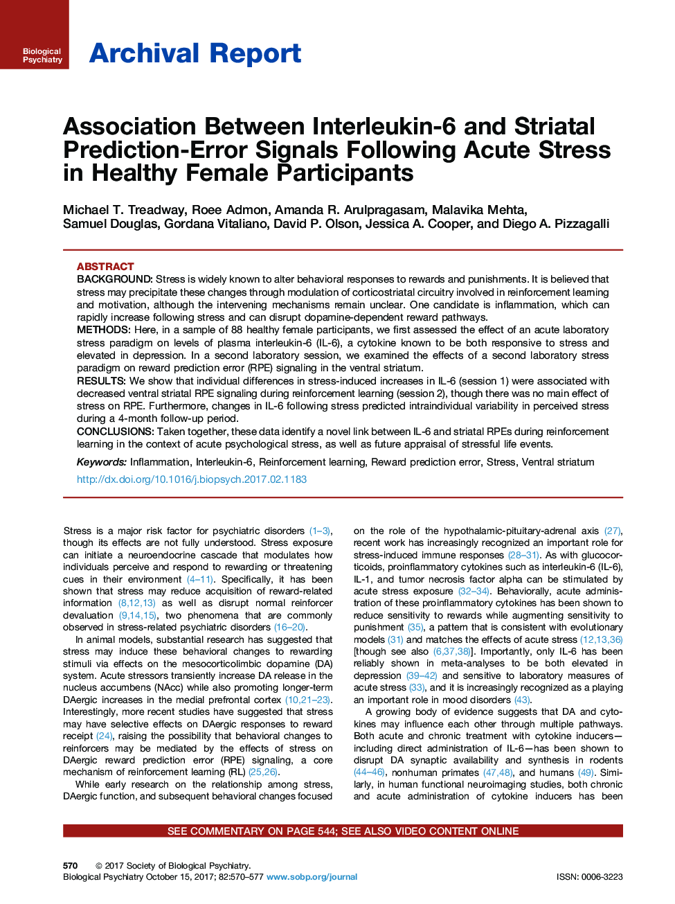Archival ReportAssociation Between Interleukin-6 and Striatal Prediction-Error Signals Following Acute Stress in Healthy Female Participants