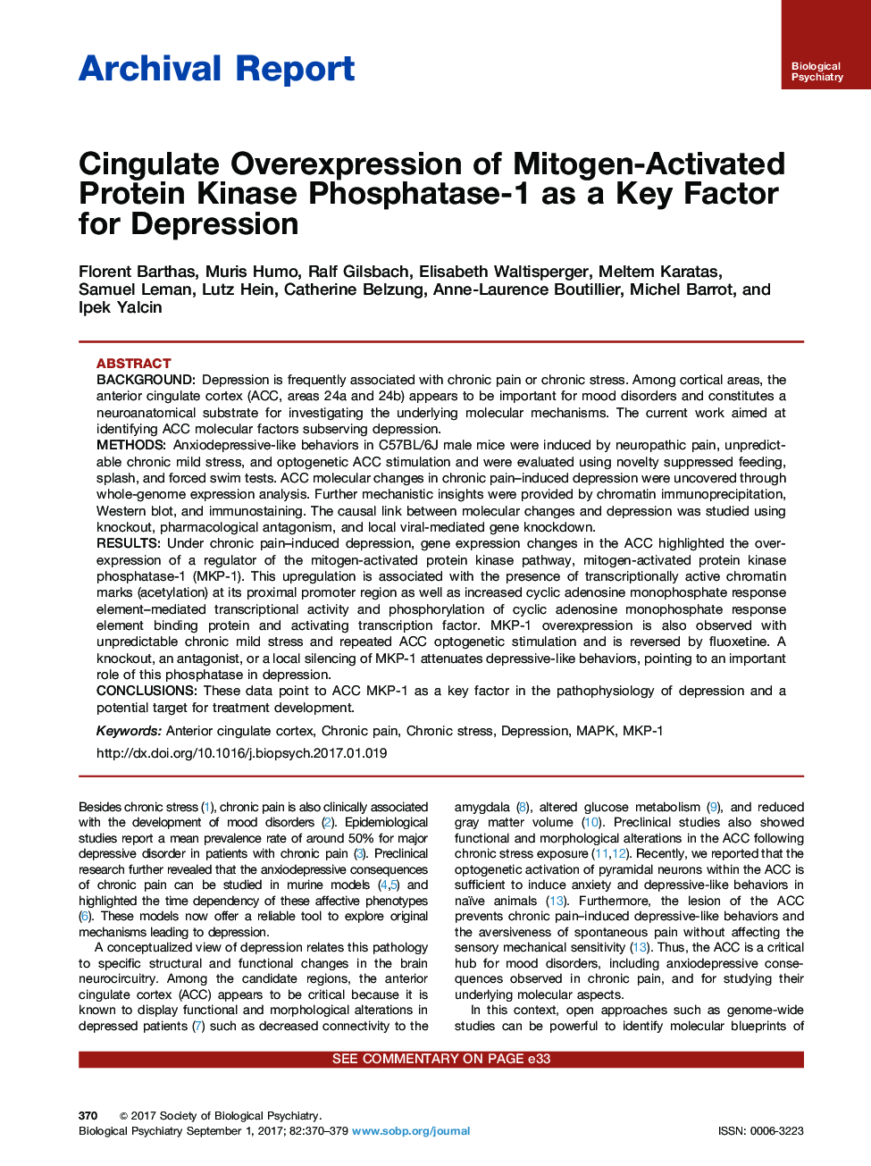Archival ReportCingulate Overexpression of Mitogen-Activated Protein Kinase Phosphatase-1 as a Key Factor for Depression
