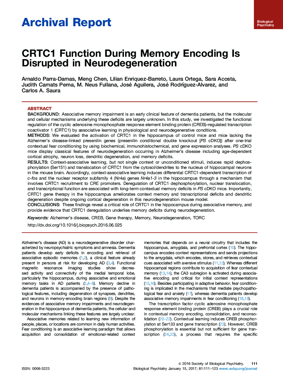 Archival ReportCRTC1 Function During Memory Encoding Is Disrupted in Neurodegeneration