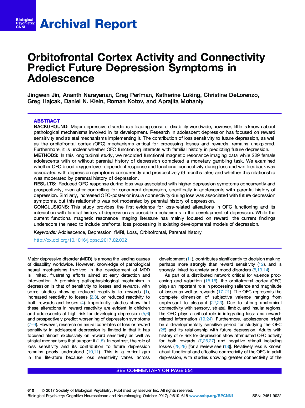 گزارشات آرشیو فعالیت و ارتباطات قشر غده هیپوفیزیک پیش بینی علائم افسردگی آینده در نوجوانی 
