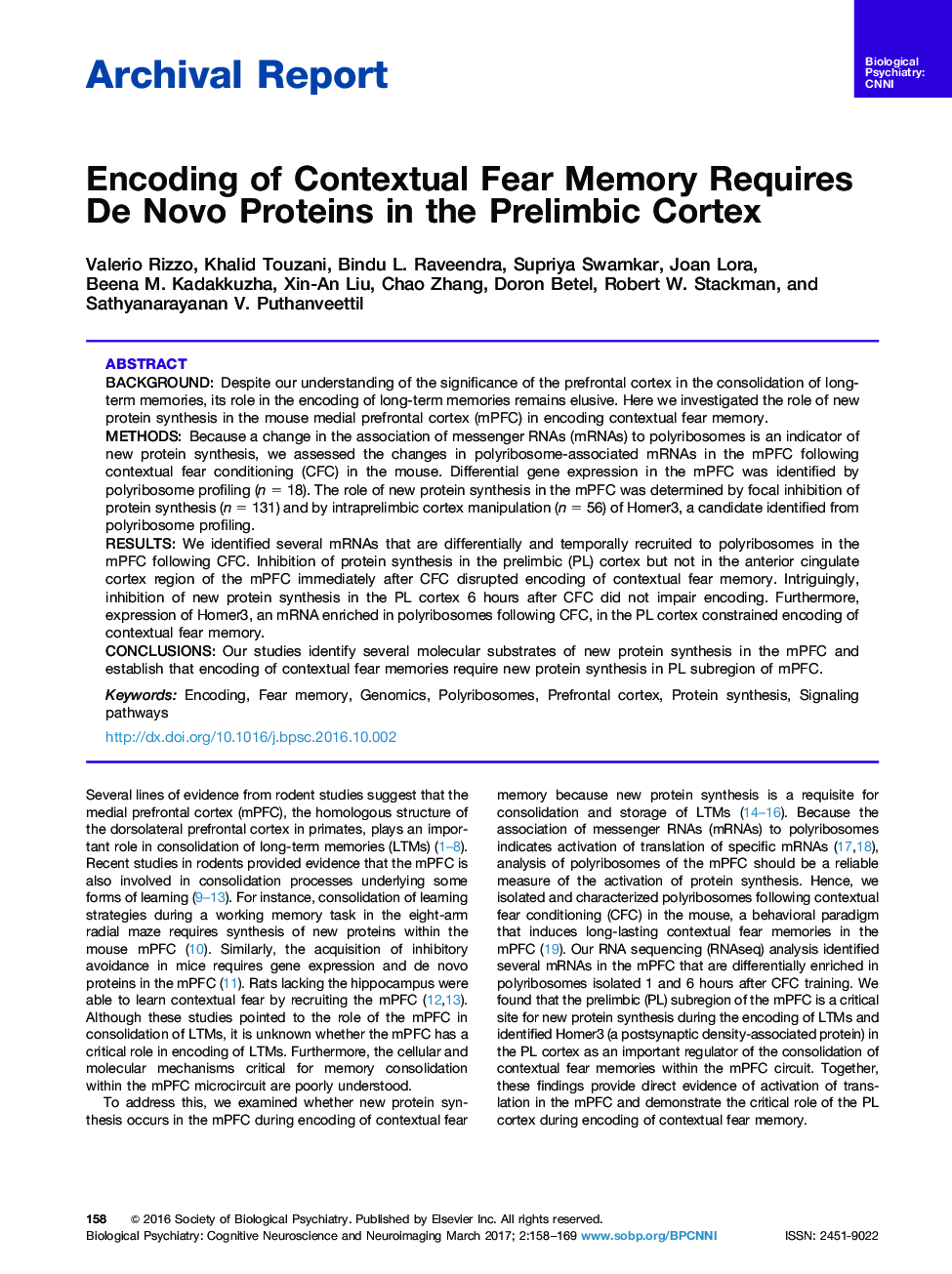 Archival ReportEncoding of Contextual Fear Memory Requires De Novo Proteins in the Prelimbic Cortex