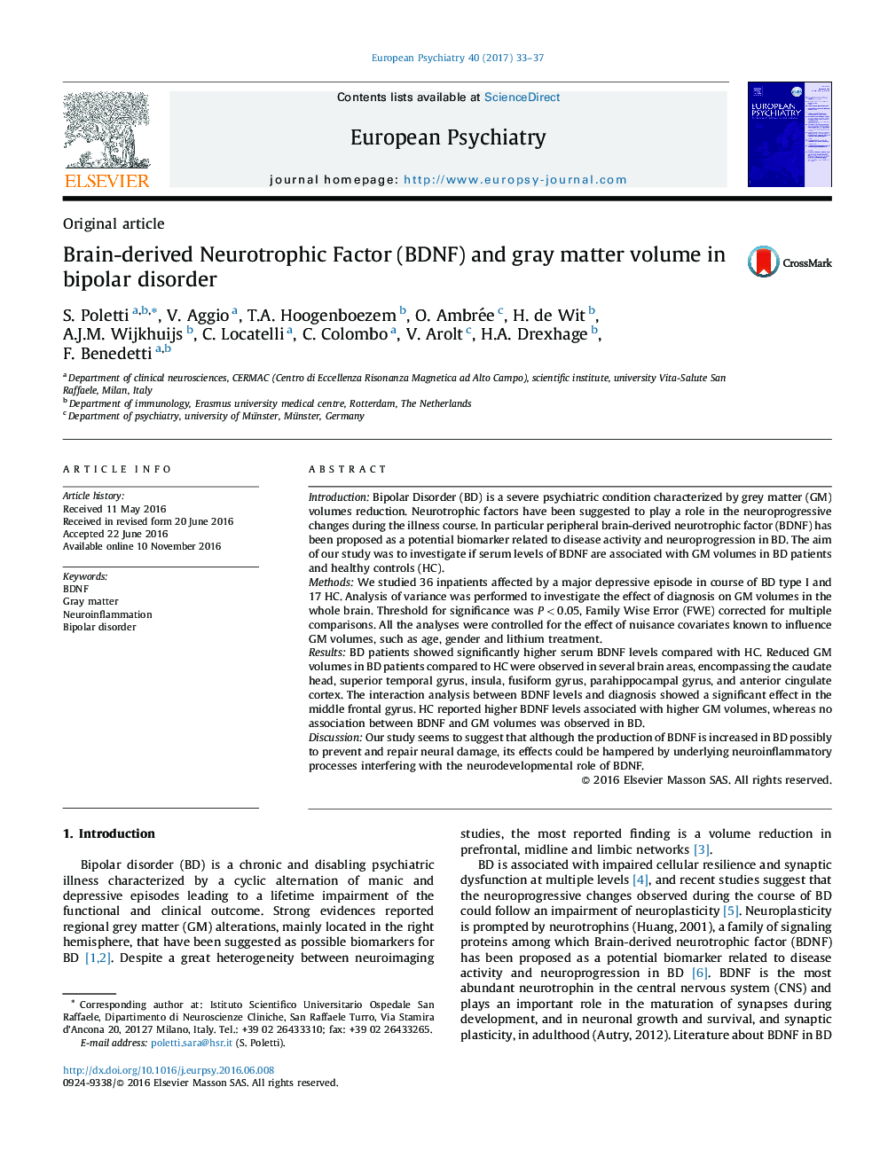 Original articleBrain-derived Neurotrophic Factor (BDNF) and gray matter volume in bipolar disorder