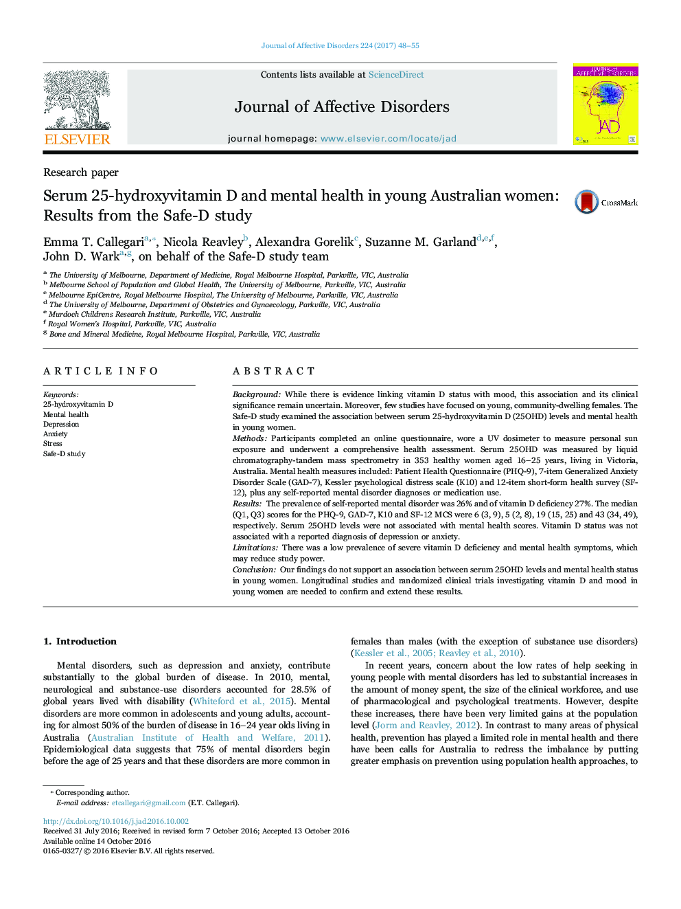 Research paperSerum 25-hydroxyvitamin D and mental health in young Australian women: Results from the Safe-D study