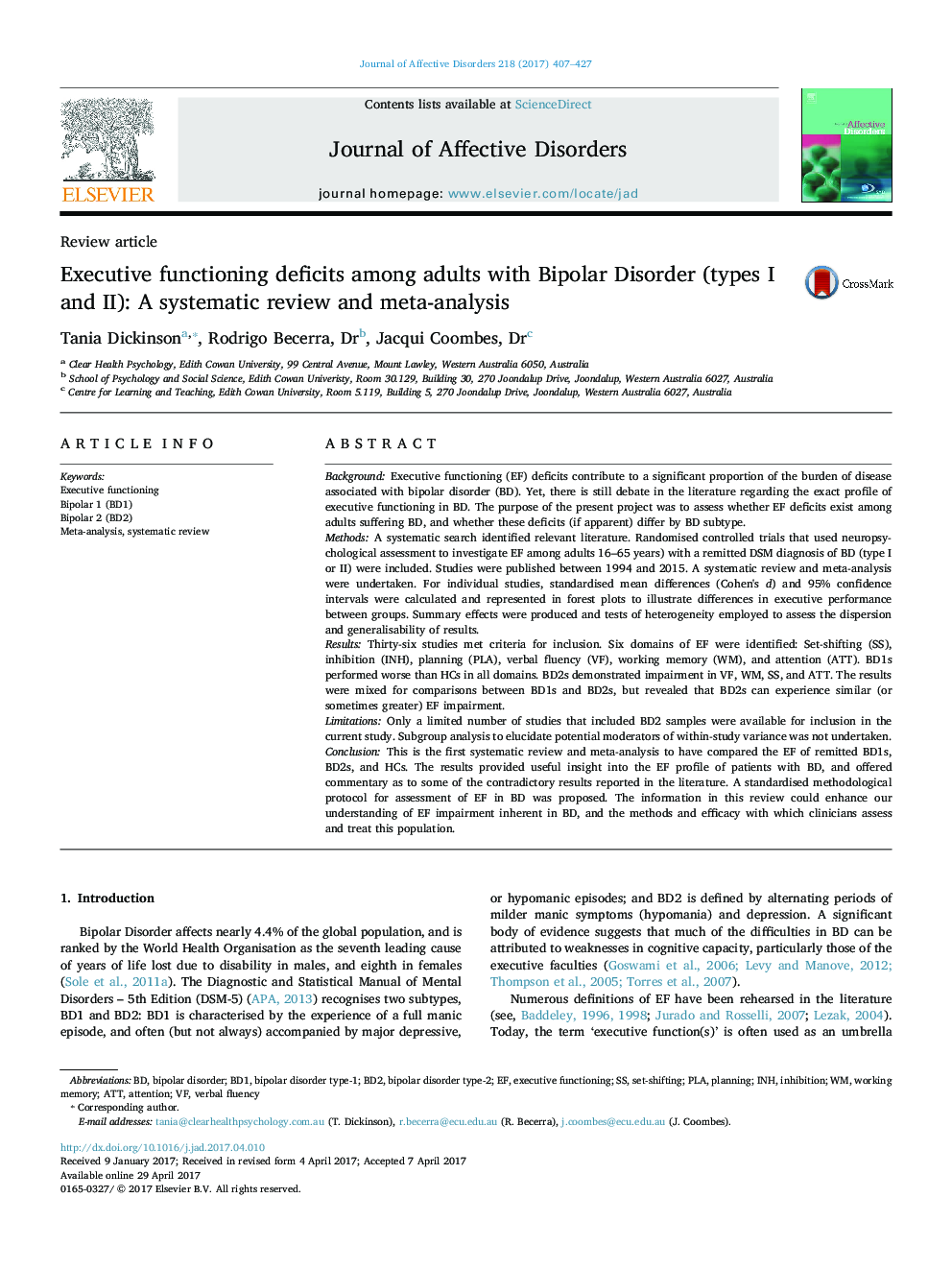 Review articleExecutive functioning deficits among adults with Bipolar Disorder (types I and II): A systematic review and meta-analysis