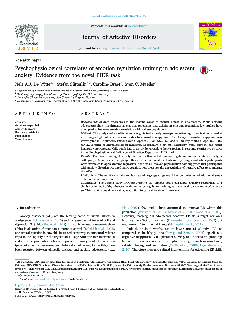 Research paperPsychophysiological correlates of emotion regulation training in adolescent anxiety: Evidence from the novel PIER task