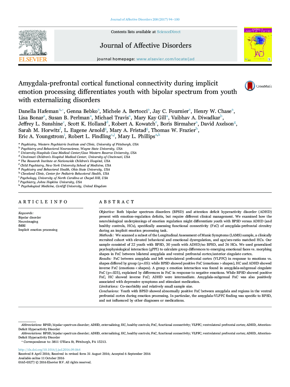 Amygdala-prefrontal cortical functional connectivity during implicit emotion processing differentiates youth with bipolar spectrum from youth with externalizing disorders