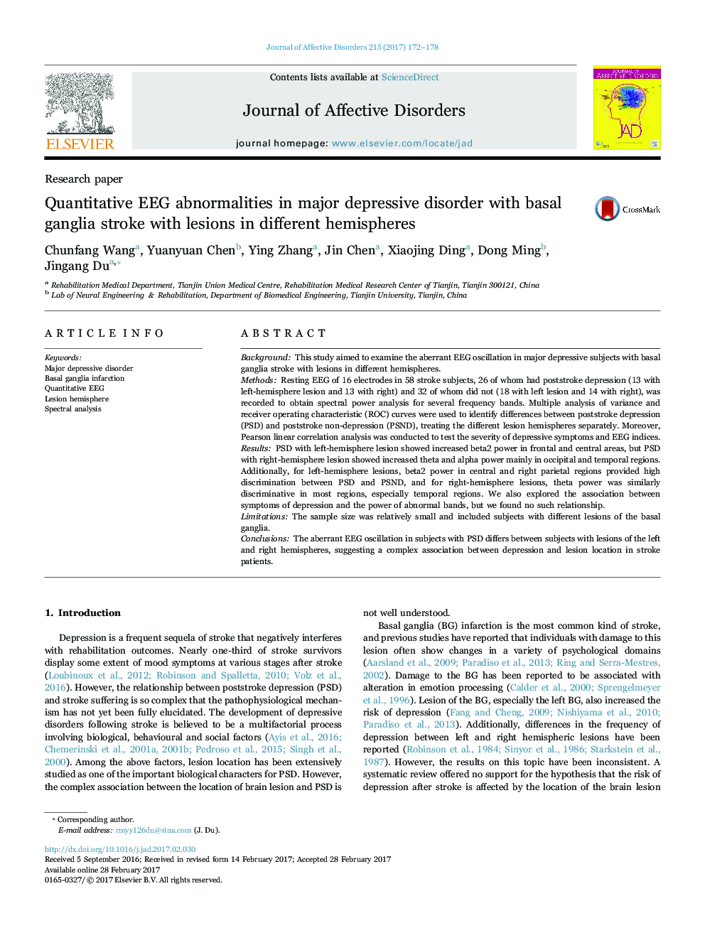Research paperQuantitative EEG abnormalities in major depressive disorder with basal ganglia stroke with lesions in different hemispheres