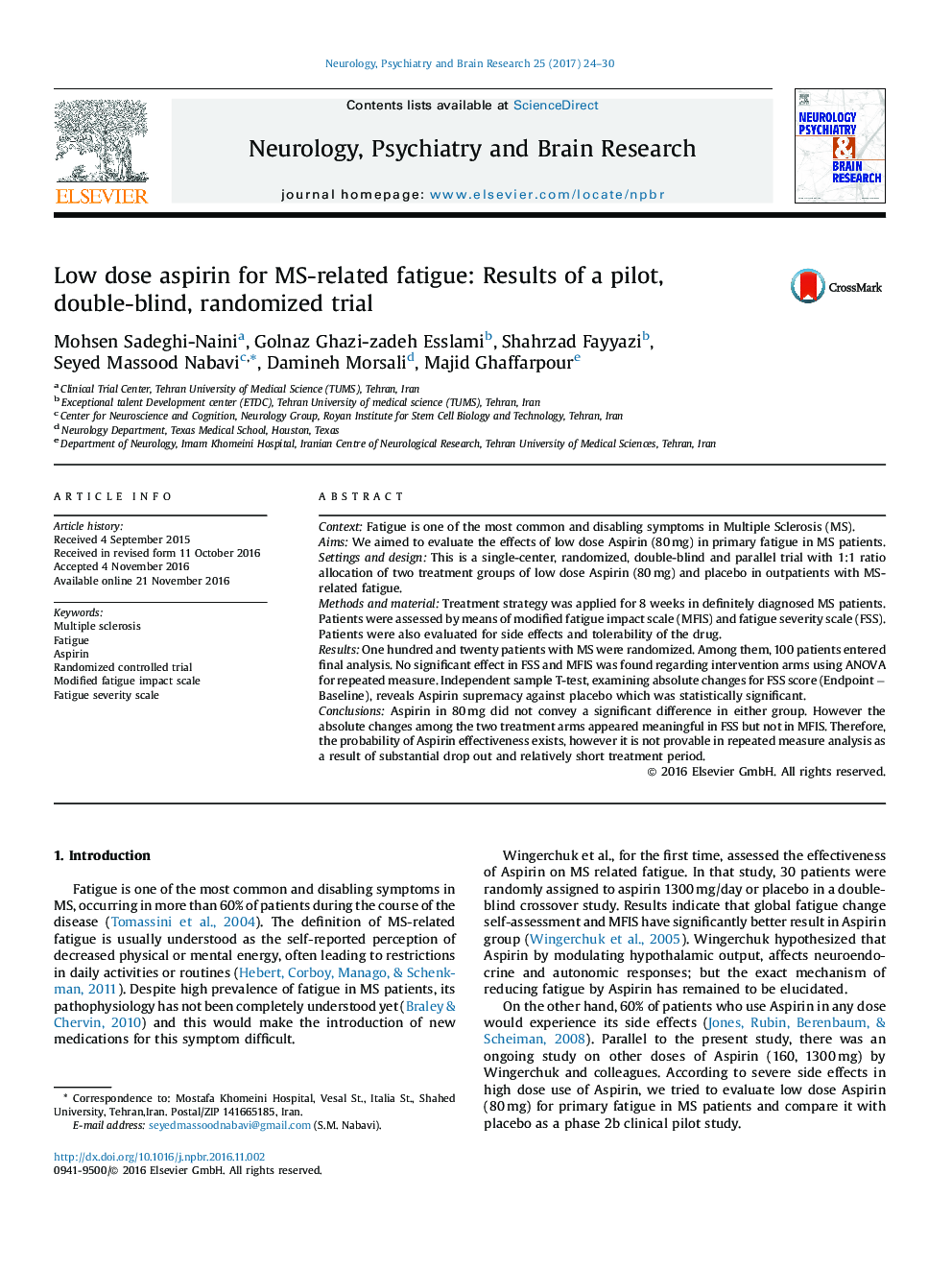 Low dose aspirin for MS-related fatigue: Results of a pilot, double-blind, randomized trial