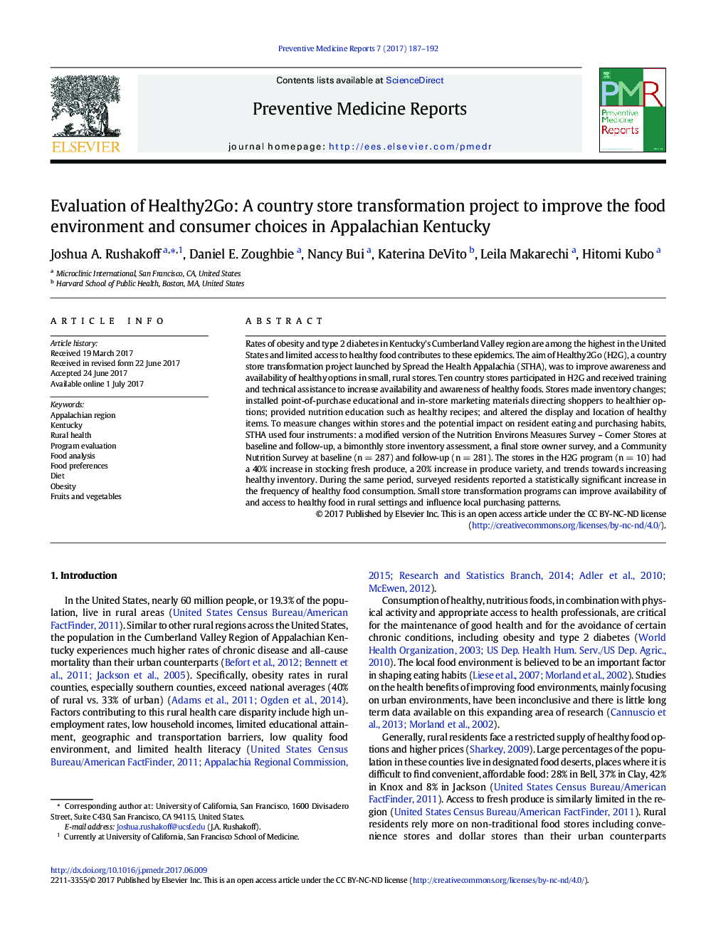 Evaluation of Healthy2Go: A country store transformation project to improve the food environment and consumer choices in Appalachian Kentucky