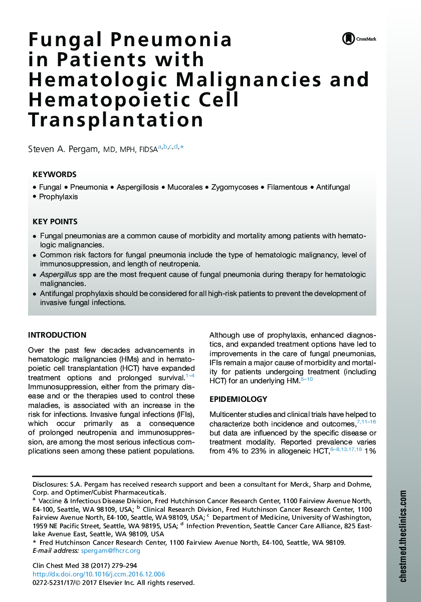 پنومونی قارچی در بیماران مبتلا به بدخیم های هماتولوژیک و پیوند سلولی هماتوپوئیدی 