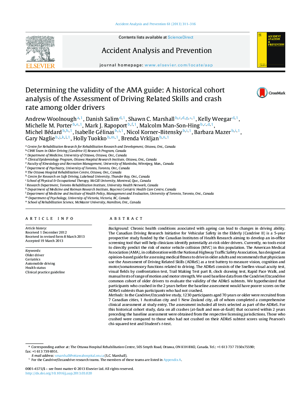 Determining the validity of the AMA guide: A historical cohort analysis of the Assessment of Driving Related Skills and crash rate among older drivers