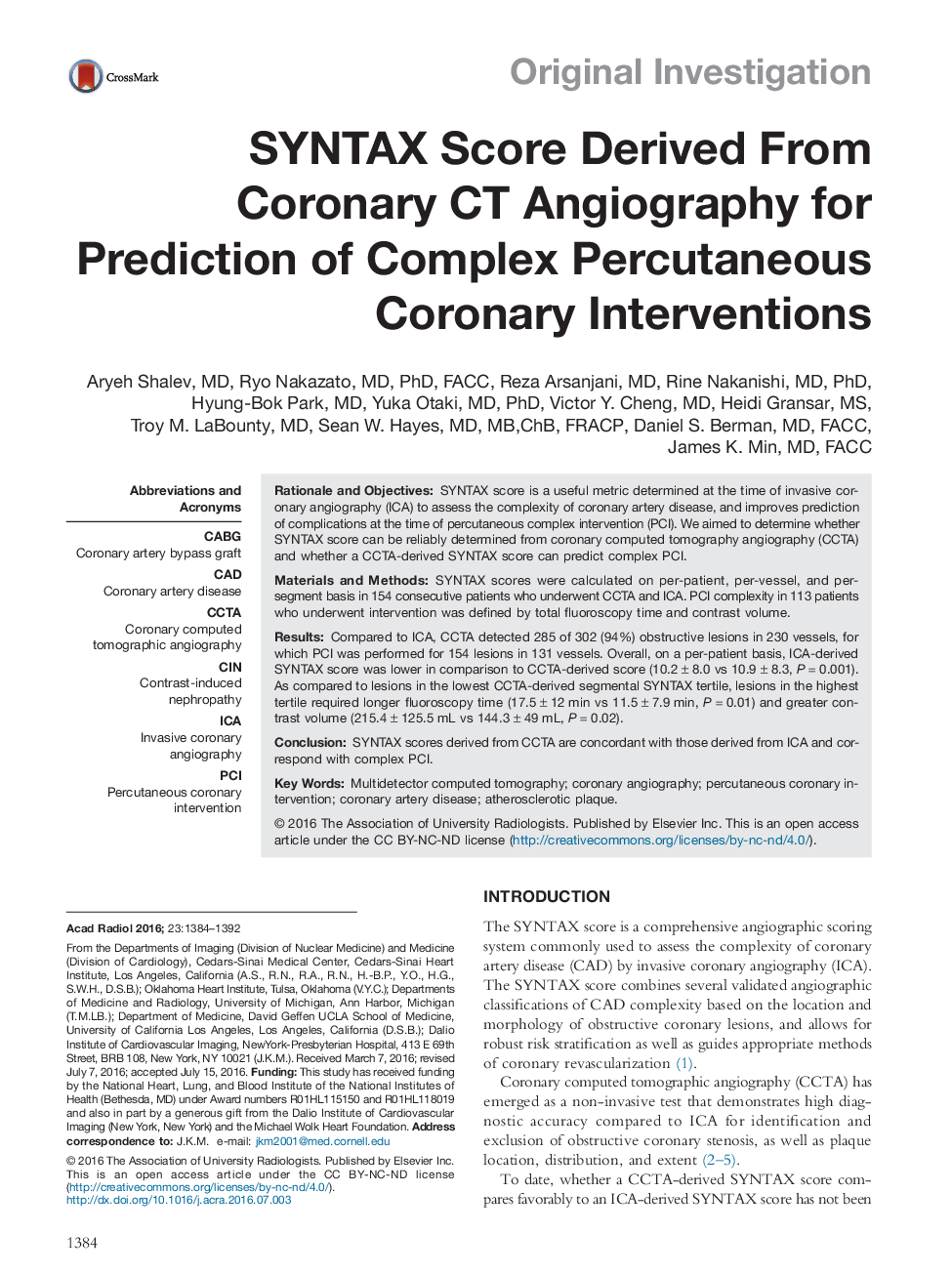 Original InvestigationSYNTAX Score Derived From Coronary CT Angiography for Prediction of Complex Percutaneous Coronary Interventions