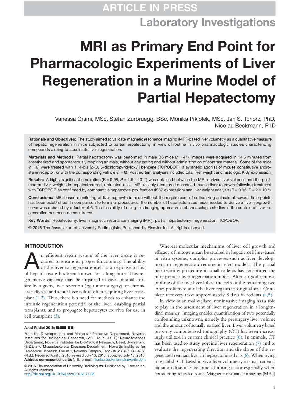 MRI as Primary End Point for Pharmacologic Experiments of Liver Regeneration in a Murine Model of Partial Hepatectomy