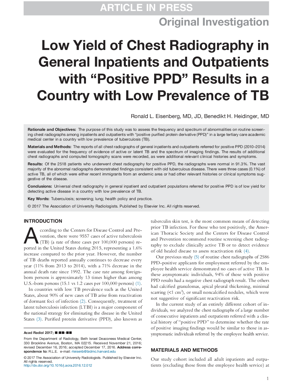 Low Yield of Chest Radiography in General Inpatients and Outpatients with “Positive PPD” Results in a Country with Low Prevalence of TB