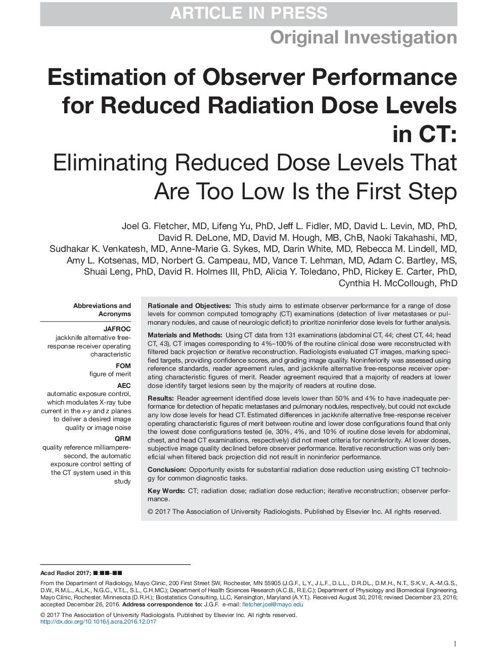 Estimation of Observer Performance for Reduced Radiation Dose Levels in CT