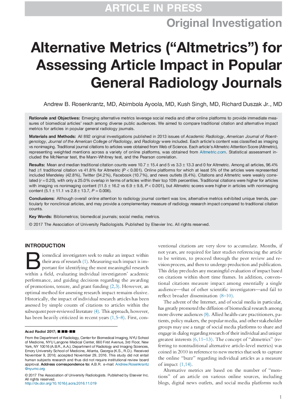 Alternative Metrics (“Altmetrics”) for Assessing Article Impact in Popular General Radiology Journals