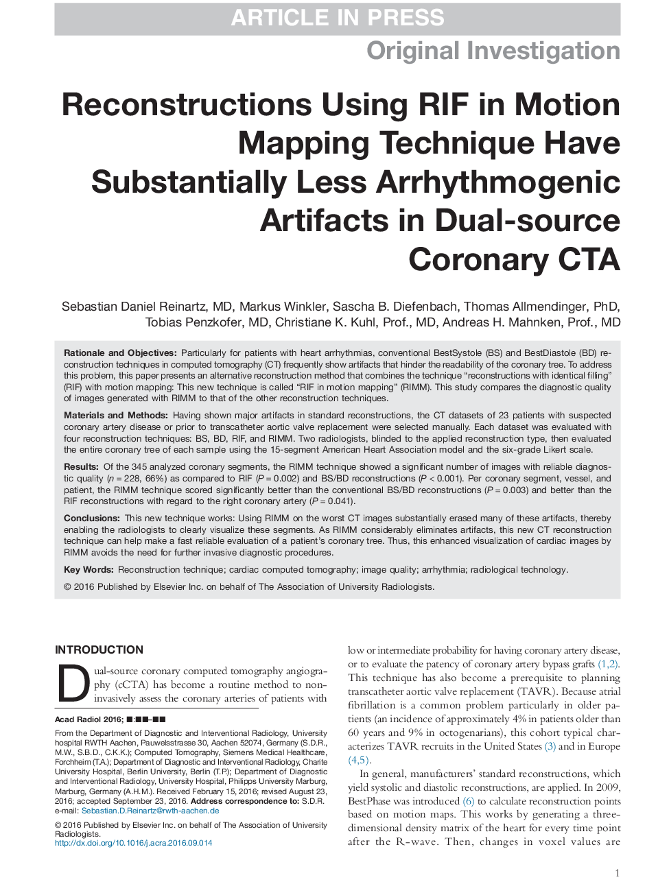 Reconstructions Using RIF in Motion Mapping Technique Have Substantially Less Arrhythmogenic Artifacts in Dual-source Coronary CTA