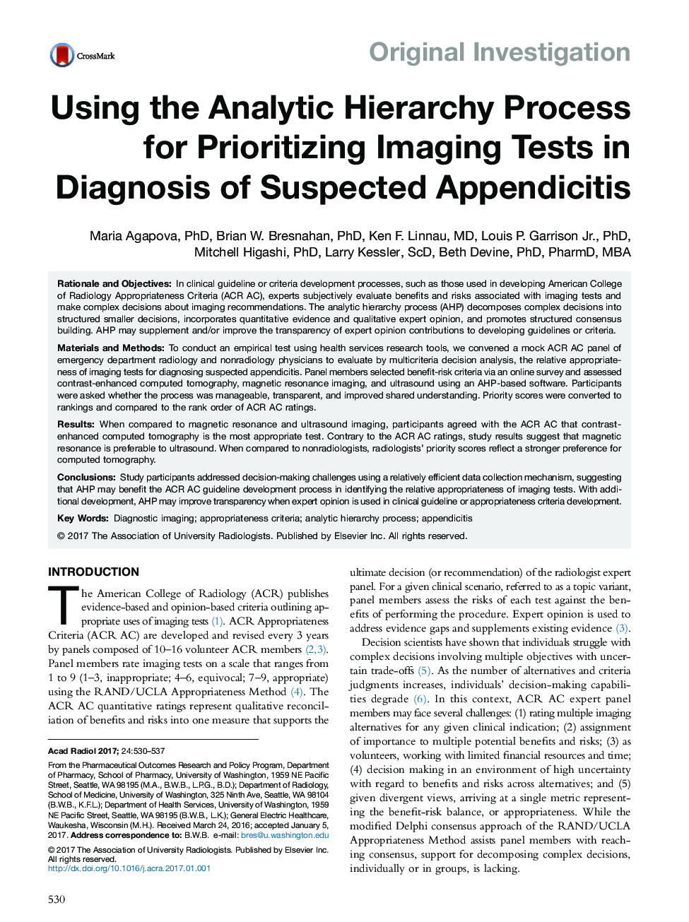 بررسی اصلی استفاده از فرآیند سلسله مراتبی تحلیلی برای اولویت بندی تست های تصویربرداری در تشخیص آپاندیسیت مظنون 
