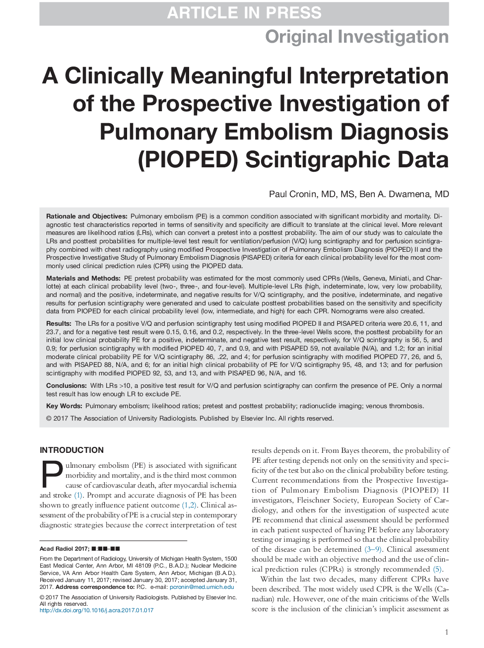 A Clinically Meaningful Interpretation of the Prospective Investigation of Pulmonary Embolism Diagnosis (PIOPED) Scintigraphic Data