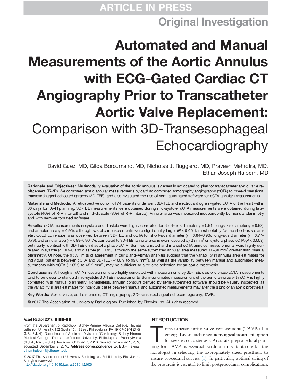 Automated and Manual Measurements of the Aortic Annulus with ECG-Gated Cardiac CT Angiography Prior to Transcatheter Aortic Valve Replacement