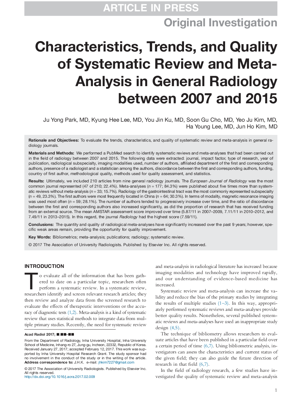 ویژگی ها، روند و کیفیت بازبینی سیستماتیک و متا آنالیز در رادیولوژی عمومی بین سال های 2007 و 2015 