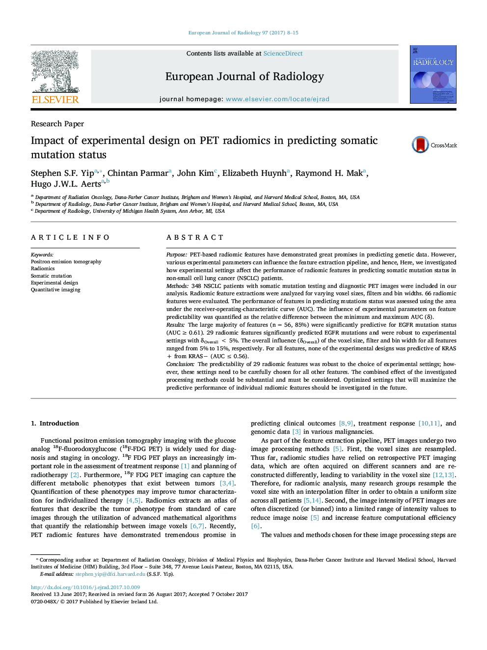 Research PaperImpact of experimental design on PET radiomics in predicting somatic mutation status