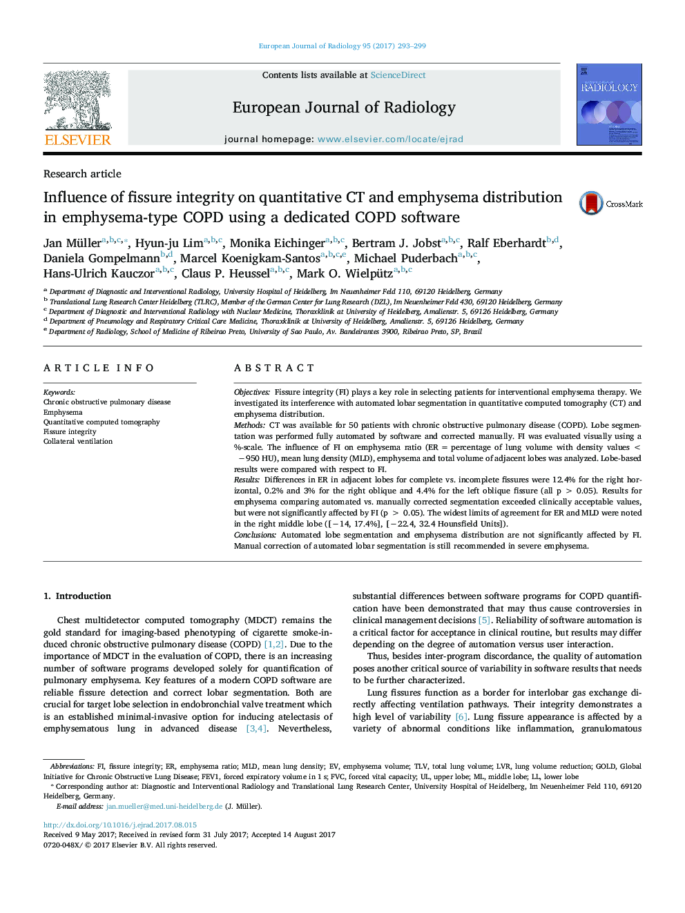 Research articleInfluence of fissure integrity on quantitative CT and emphysema distribution in emphysema-type COPD using a dedicated COPD software