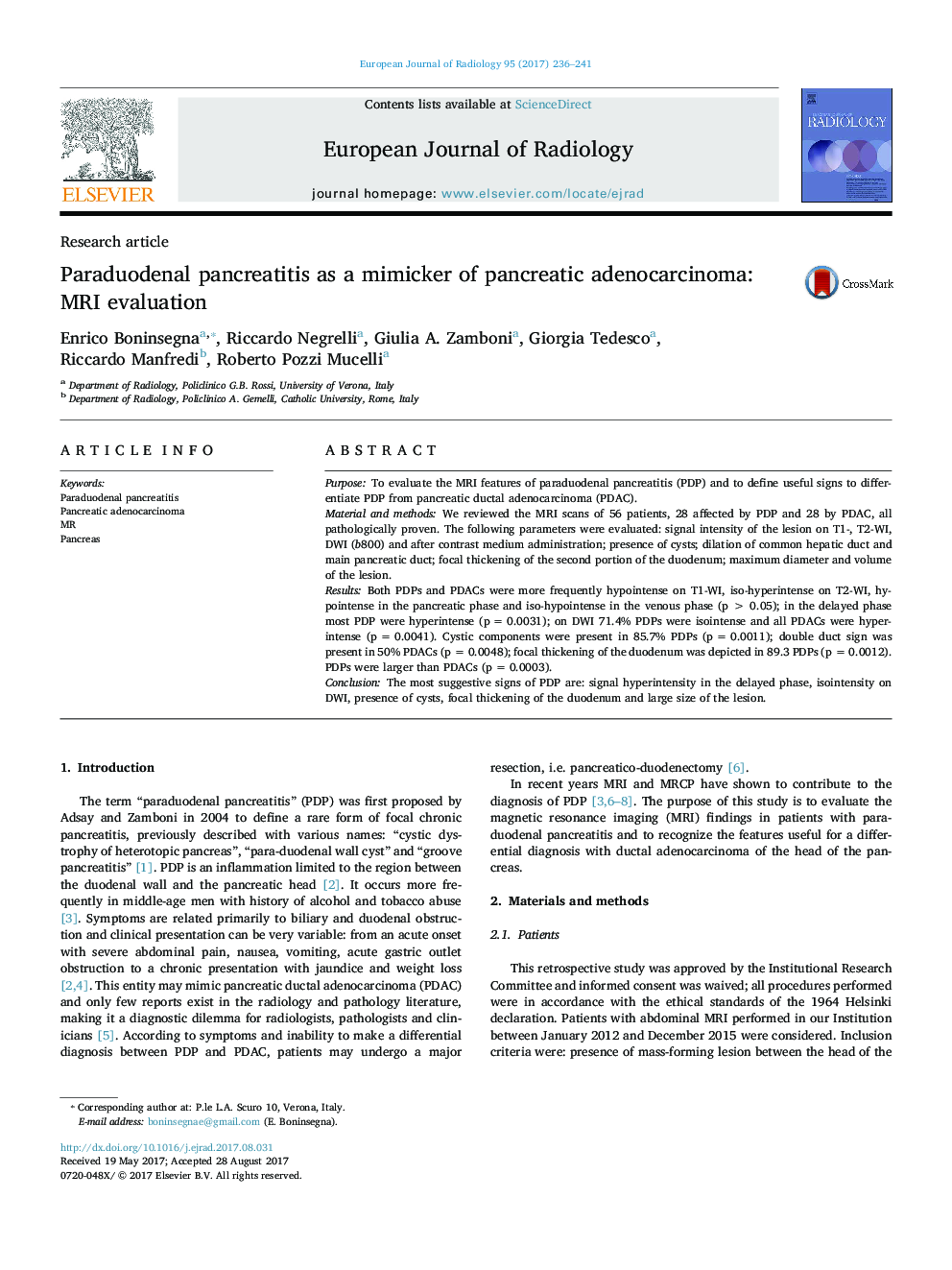 Research articleParaduodenal pancreatitis as a mimicker of pancreatic adenocarcinoma: MRI evaluation