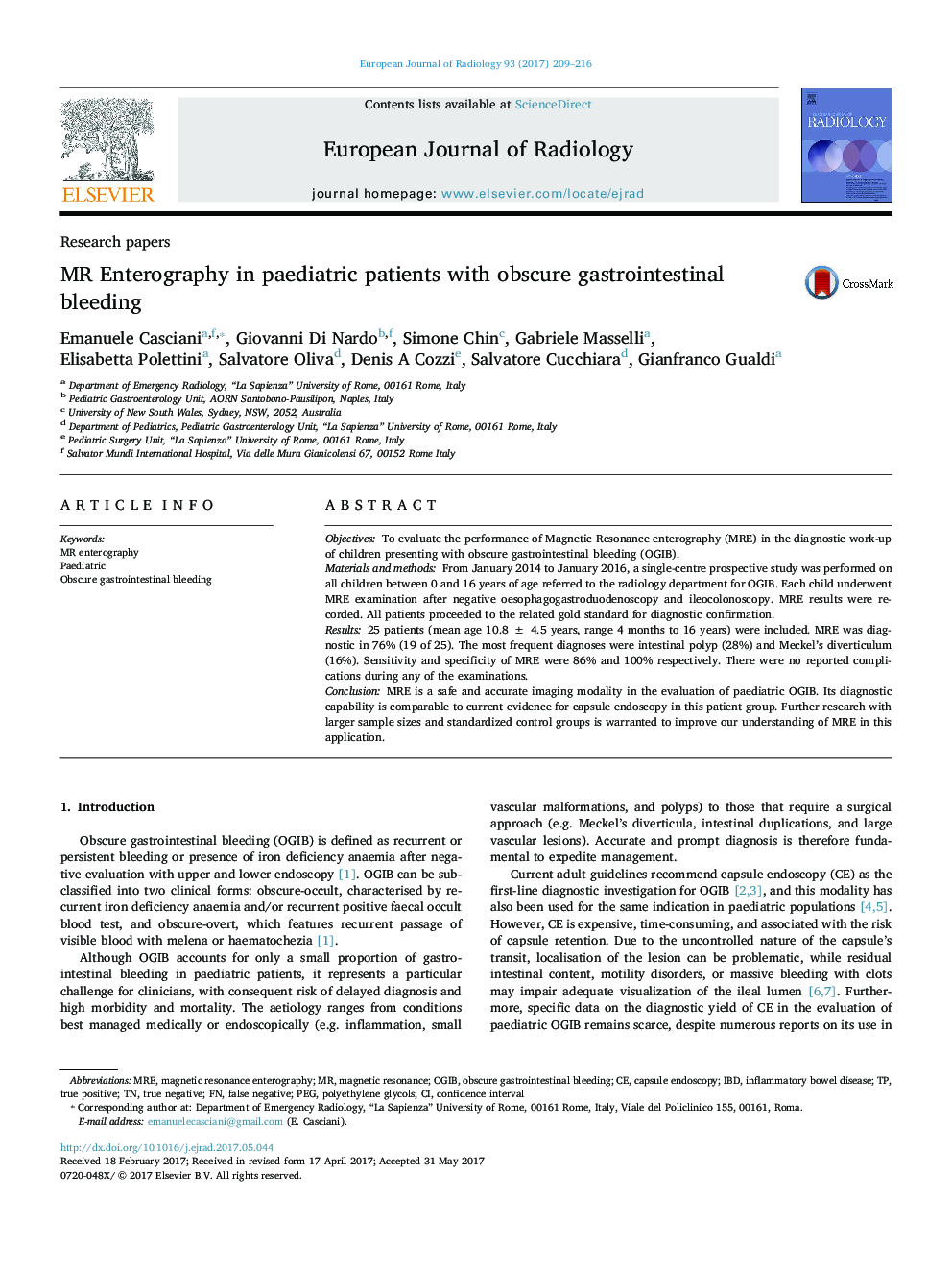 Research papersMR Enterography in paediatric patients with obscure gastrointestinal bleeding