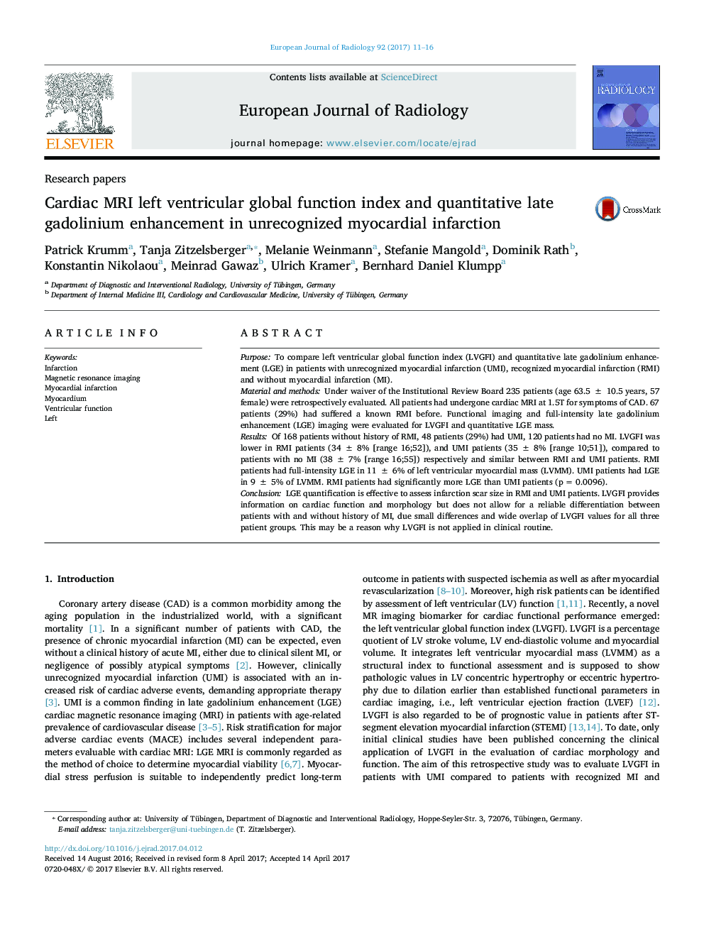Research papersCardiac MRI left ventricular global function index and quantitative late gadolinium enhancement in unrecognized myocardial infarction