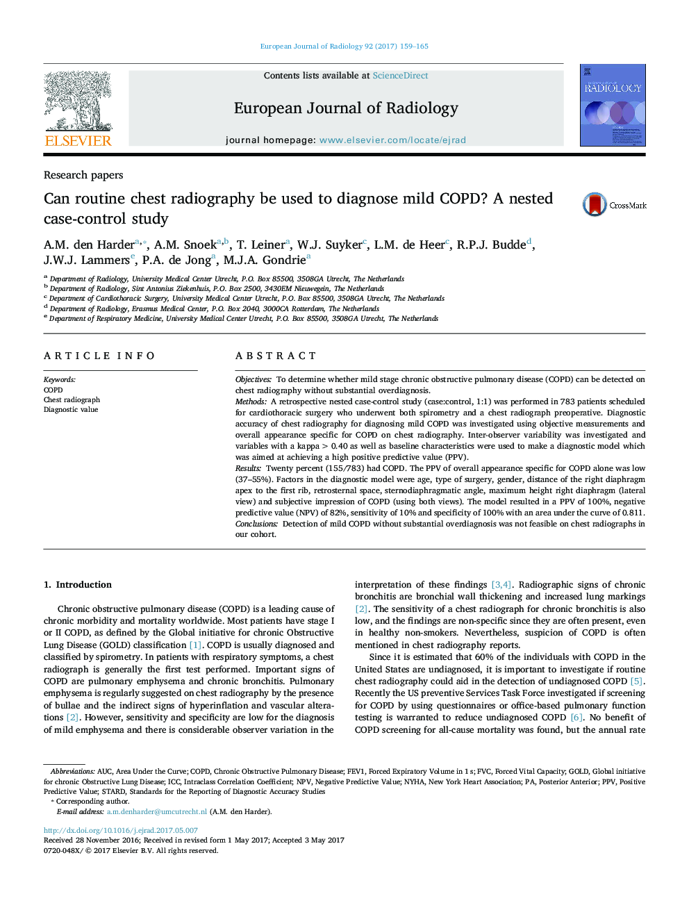 Research papersCan routine chest radiography be used to diagnose mild COPD? A nested case-control study