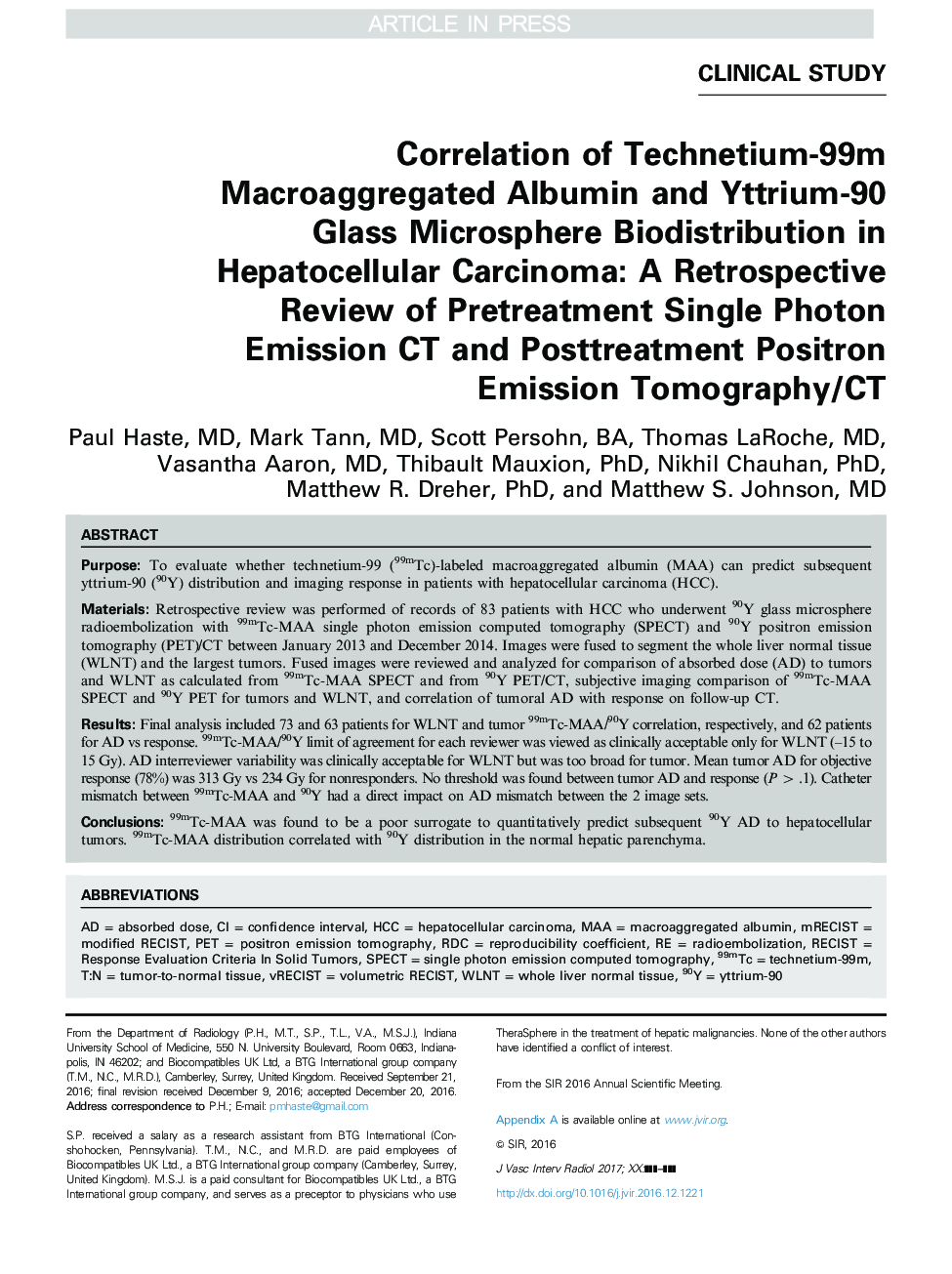 Correlation of Technetium-99m Macroaggregated Albumin and Yttrium-90 Glass Microsphere Biodistribution in Hepatocellular Carcinoma: A Retrospective Review of Pretreatment Single Photon Emission CT and Posttreatment Positron Emission Tomography/CT